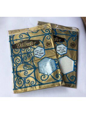 Vintage Blue Stockings Lace Top Size 8.5 400 Needle 15 Denier 2 Pairs
